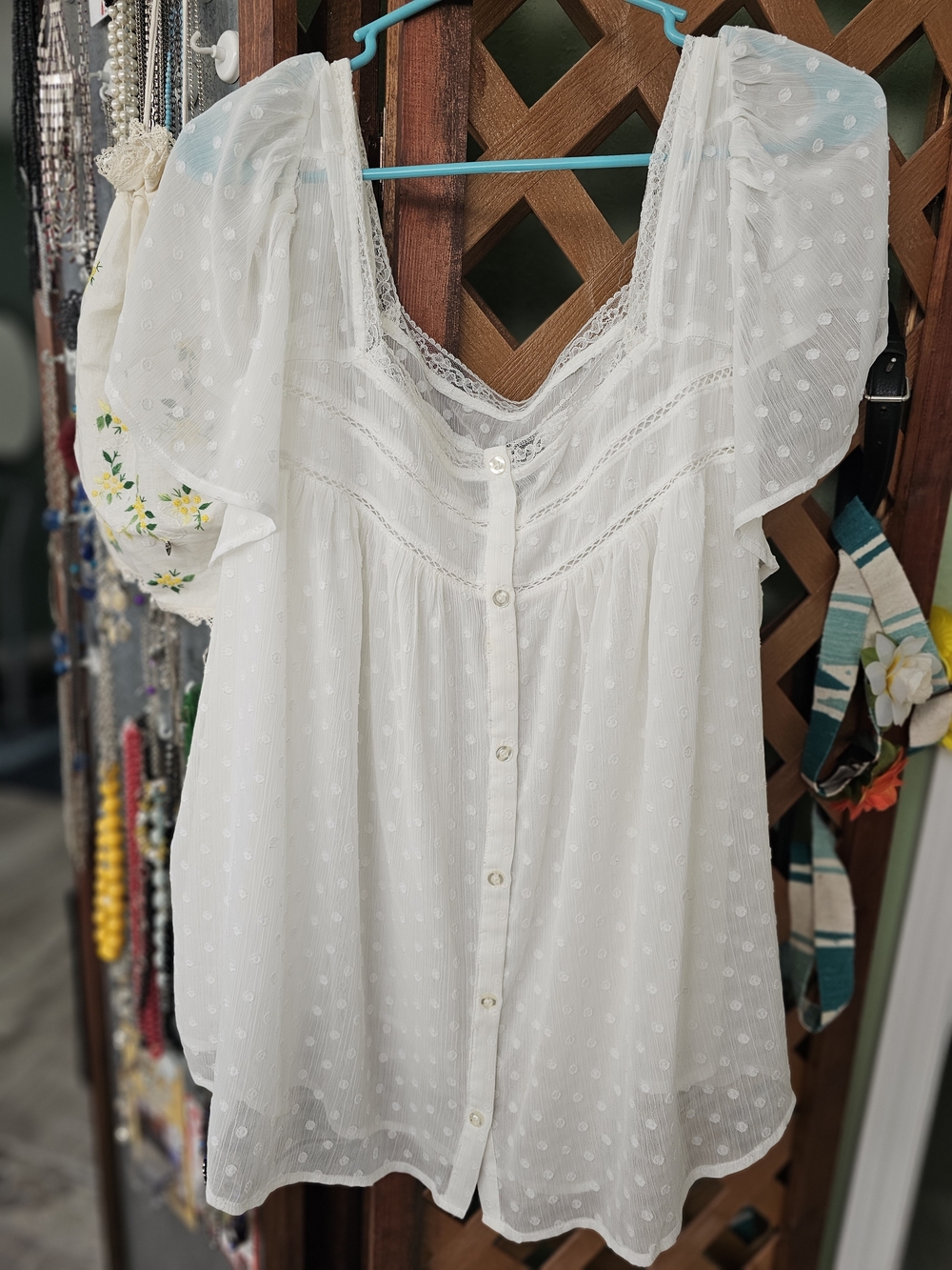 torrid White Swiss Dot Lace-Trim Button Front Blouse